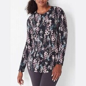 Pure Jill J. Jill Dark Floral Long Sleeve Shirttail Tee Pima Cotton Stretch LP